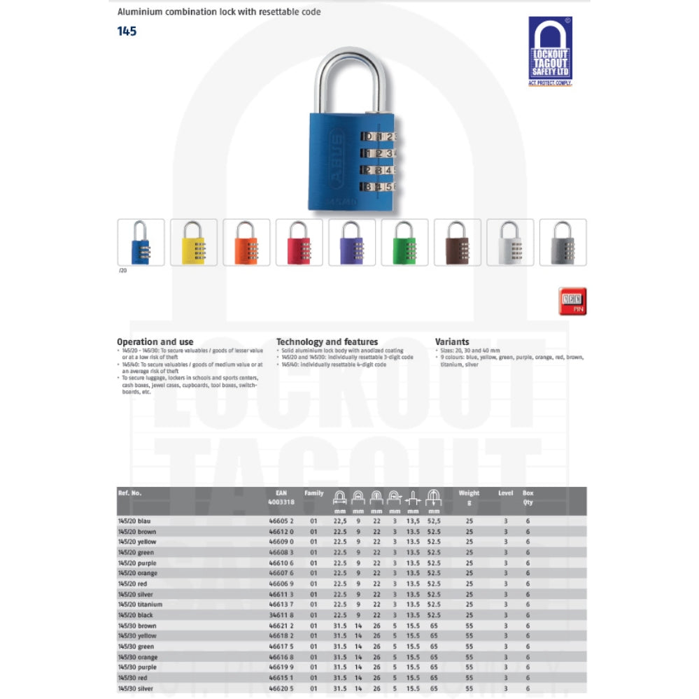 145/20 Series Abus Combination Padlock 145/20 Series Abus Combination Padlock